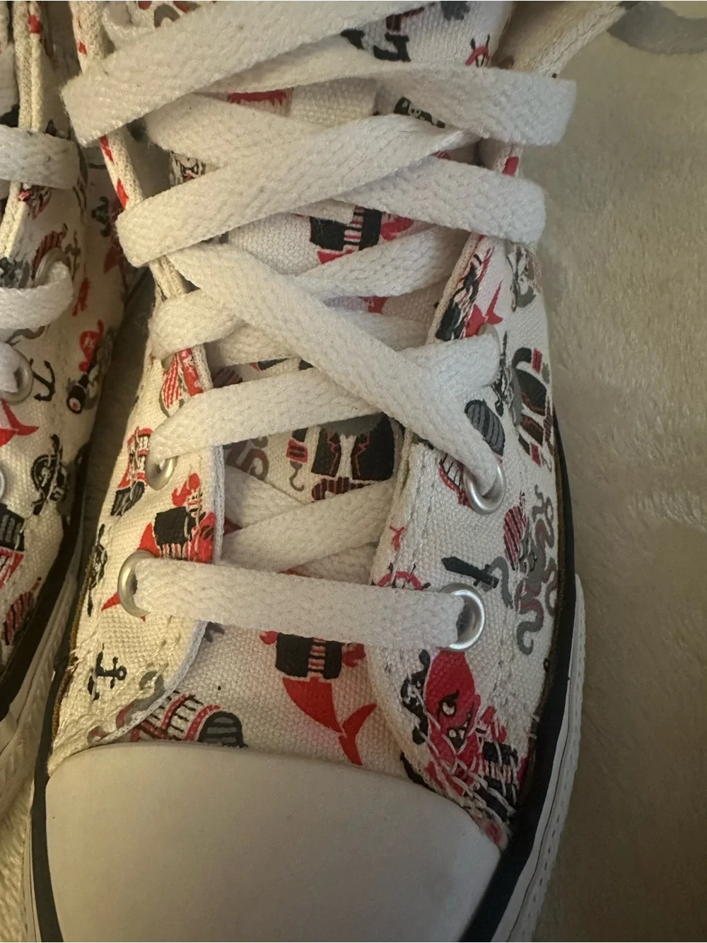 Converse Kids White High-Top Sneakers with Red & Black Pirate Print
